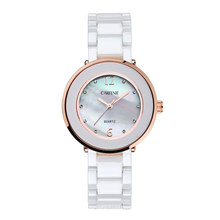 Women Shell Pearl Dial White Ceramic Strap Dress Wrist Watches